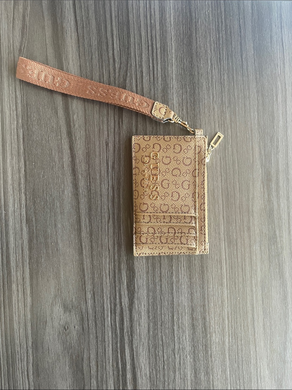 Guess Brown Monogram Wristlet Card Case with Strap